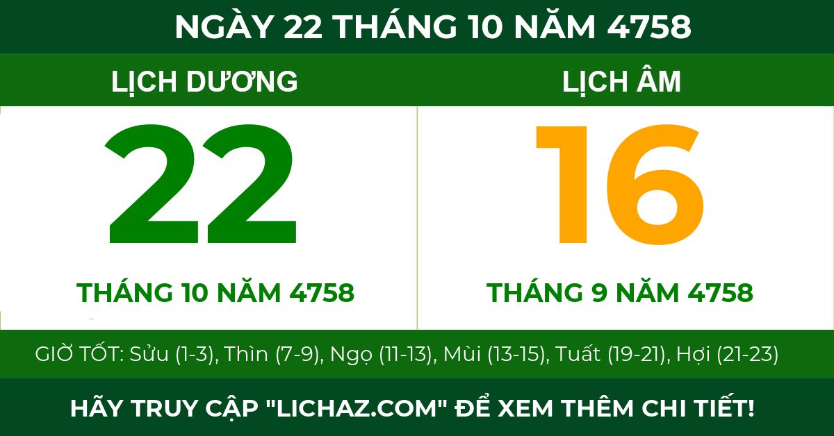 lịch âm ngày 22 tháng 10 năm 4758