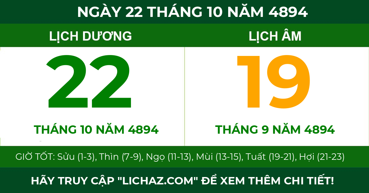 lịch âm ngày 22 tháng 10 năm 4894
