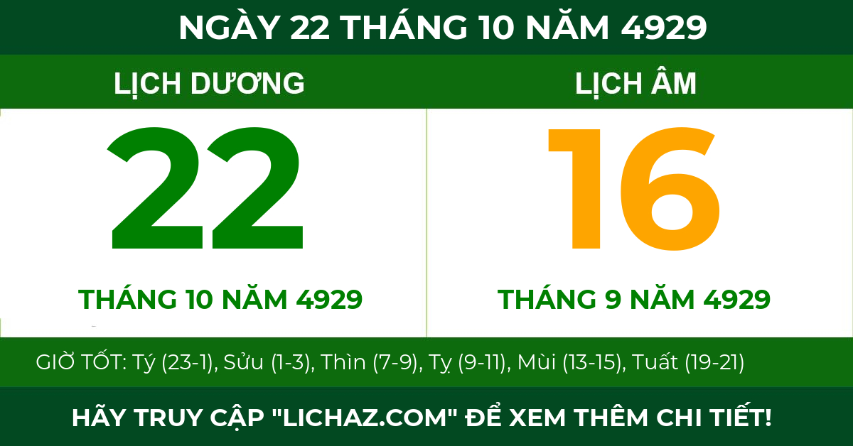 lịch âm ngày 22 tháng 10 năm 4929