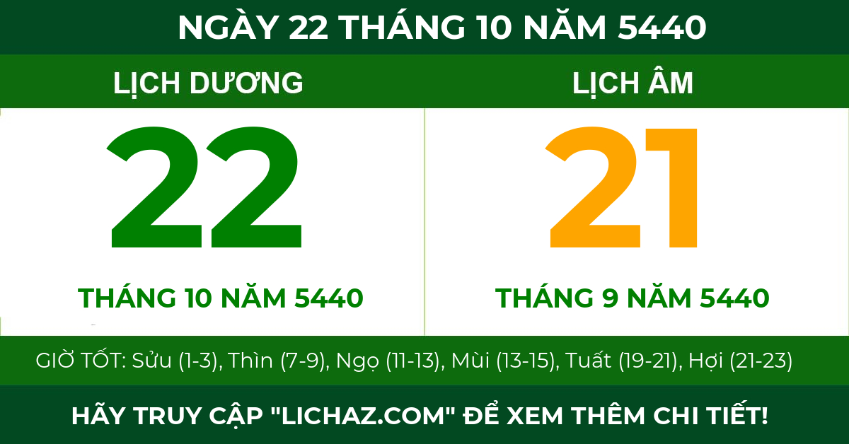 lịch âm ngày 22 tháng 10 năm 5440