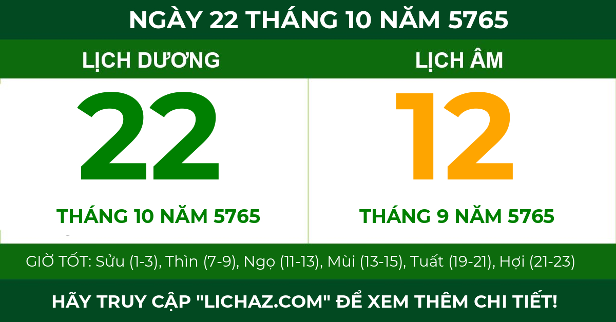 lịch âm ngày 22 tháng 10 năm 5765