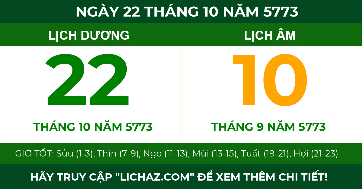 lịch âm ngày 22 tháng 10 năm 5773