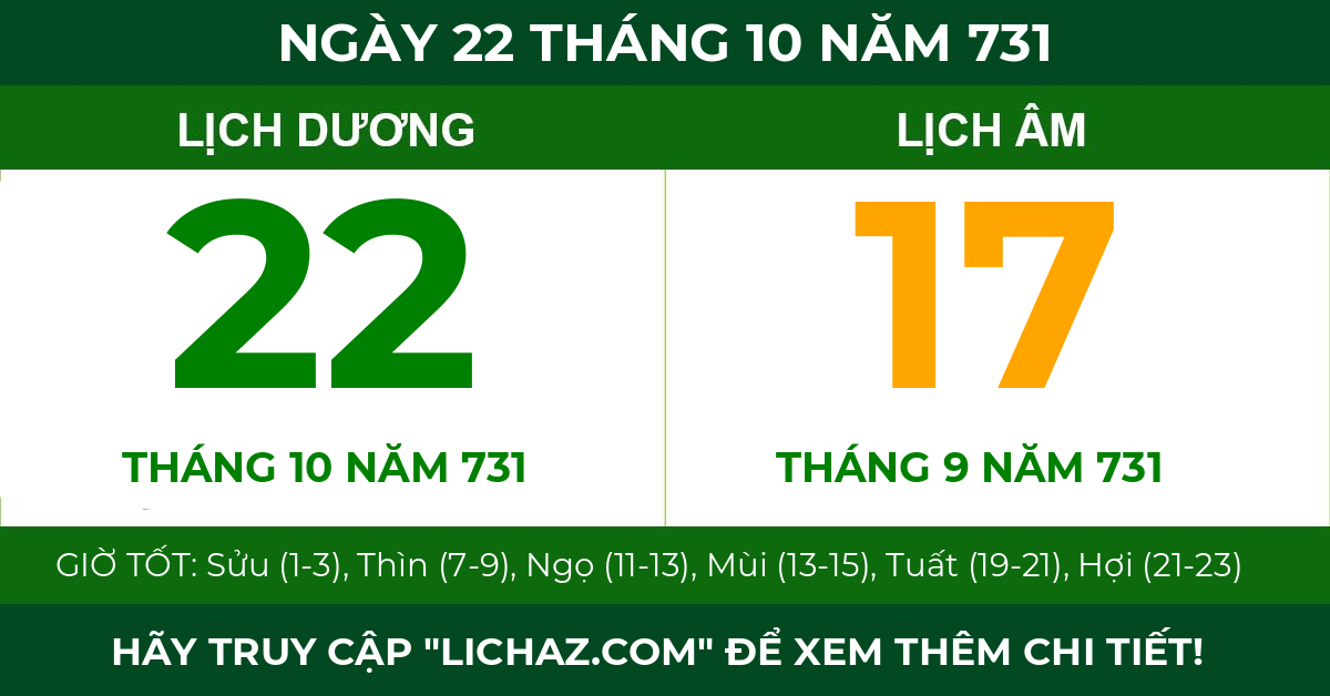 lịch âm ngày 22 tháng 10 năm 731