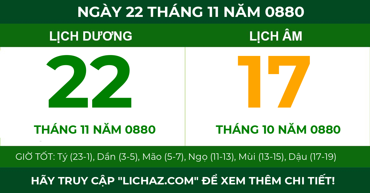 lịch âm ngày 22 tháng 11 năm 0880