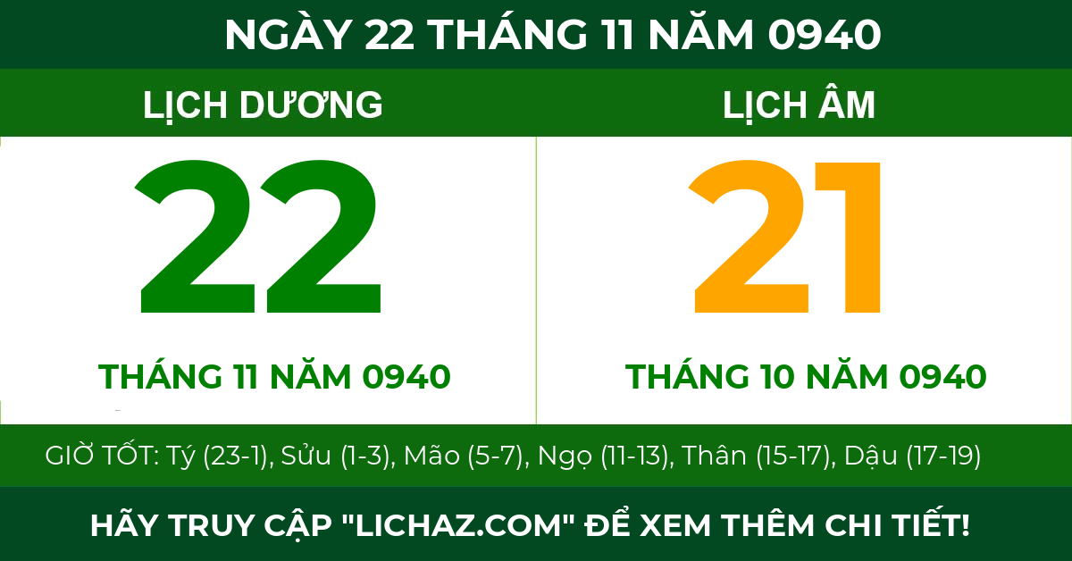 lịch âm ngày 22 tháng 11 năm 0940