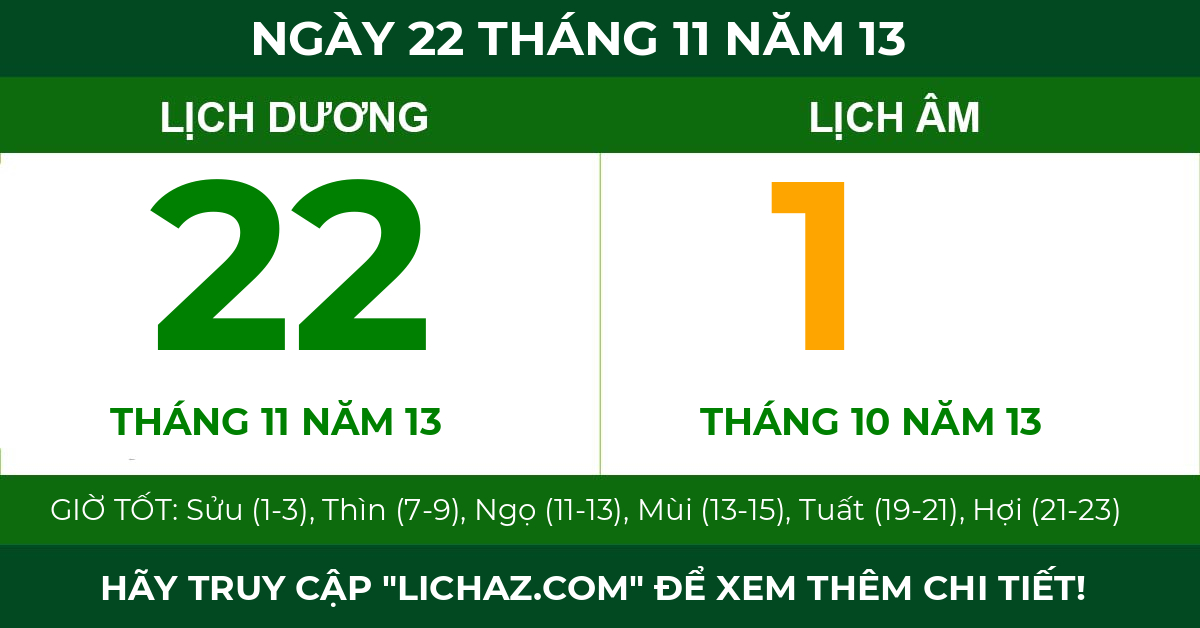 lịch âm ngày 22 tháng 11 năm 13