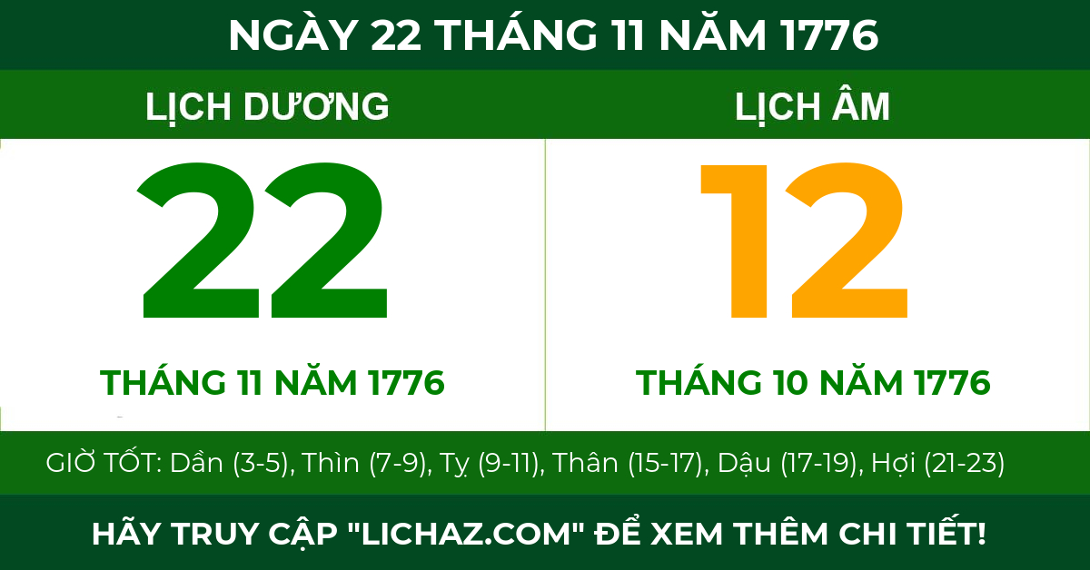 lịch âm ngày 22 tháng 11 năm 1776