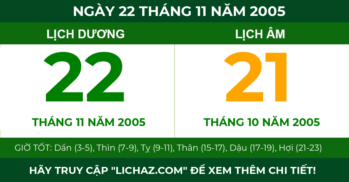 lịch âm ngày 22 tháng 11 năm 2005