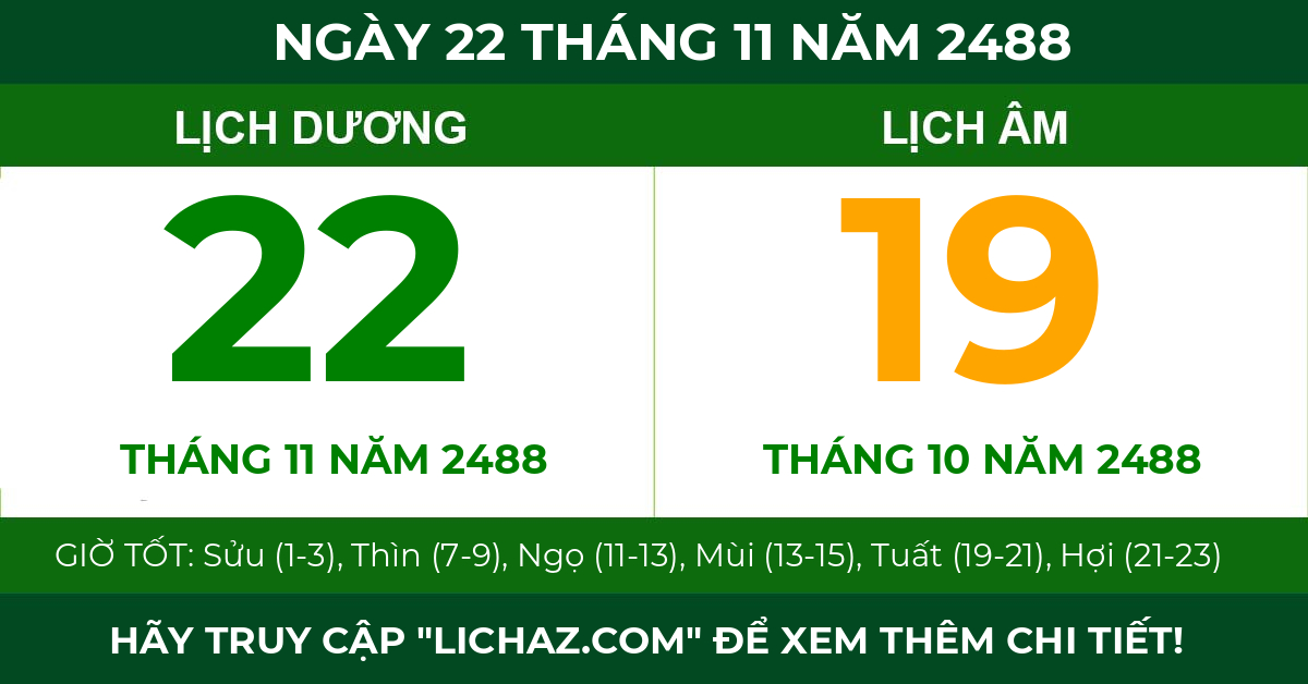 lịch âm ngày 22 tháng 11 năm 2488