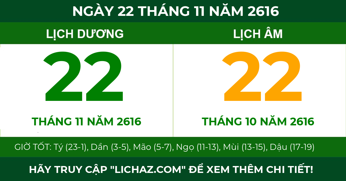 lịch âm ngày 22 tháng 11 năm 2616