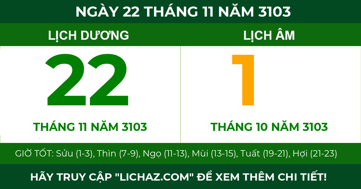 lịch âm ngày 22 tháng 11 năm 3103