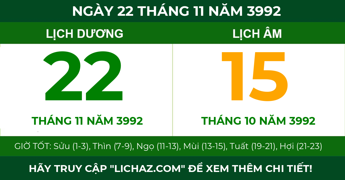lịch âm ngày 22 tháng 11 năm 3992