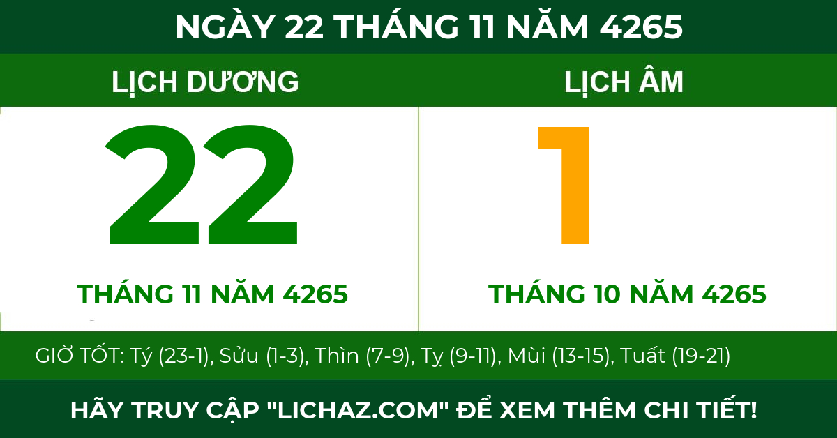lịch âm ngày 22 tháng 11 năm 4265