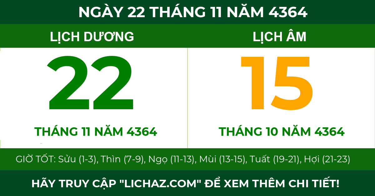 lịch âm ngày 22 tháng 11 năm 4364