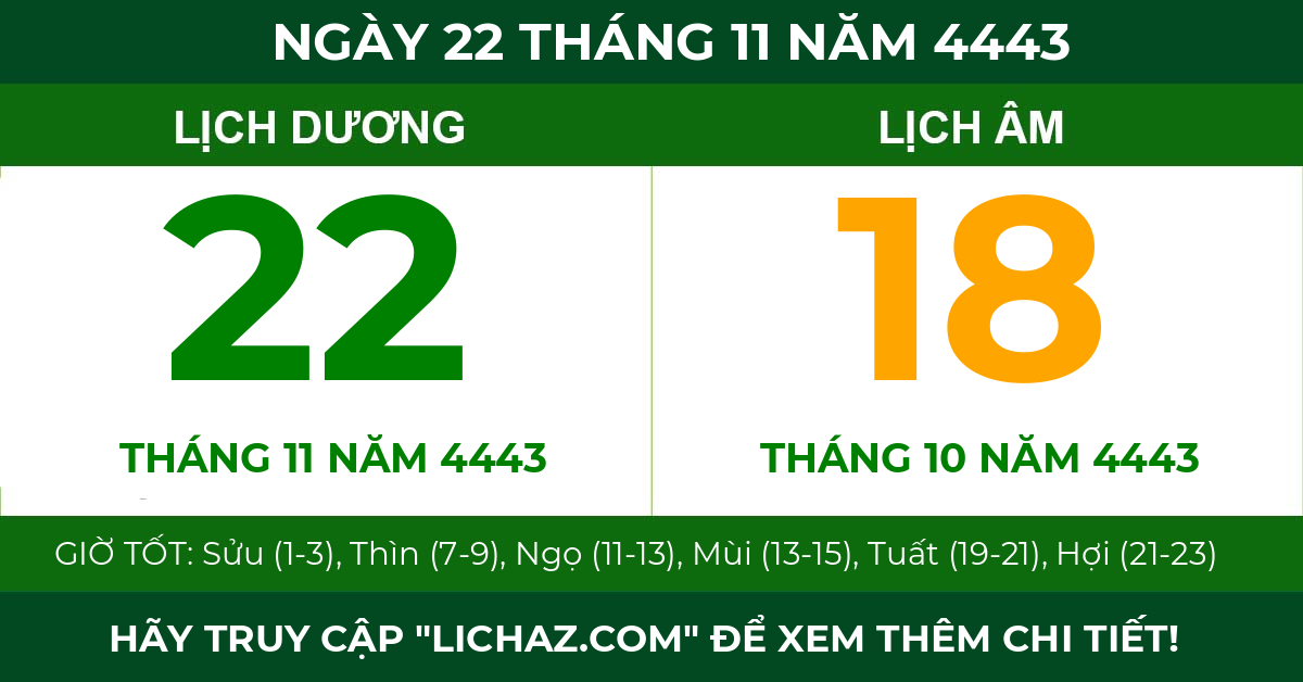 lịch âm ngày 22 tháng 11 năm 4443