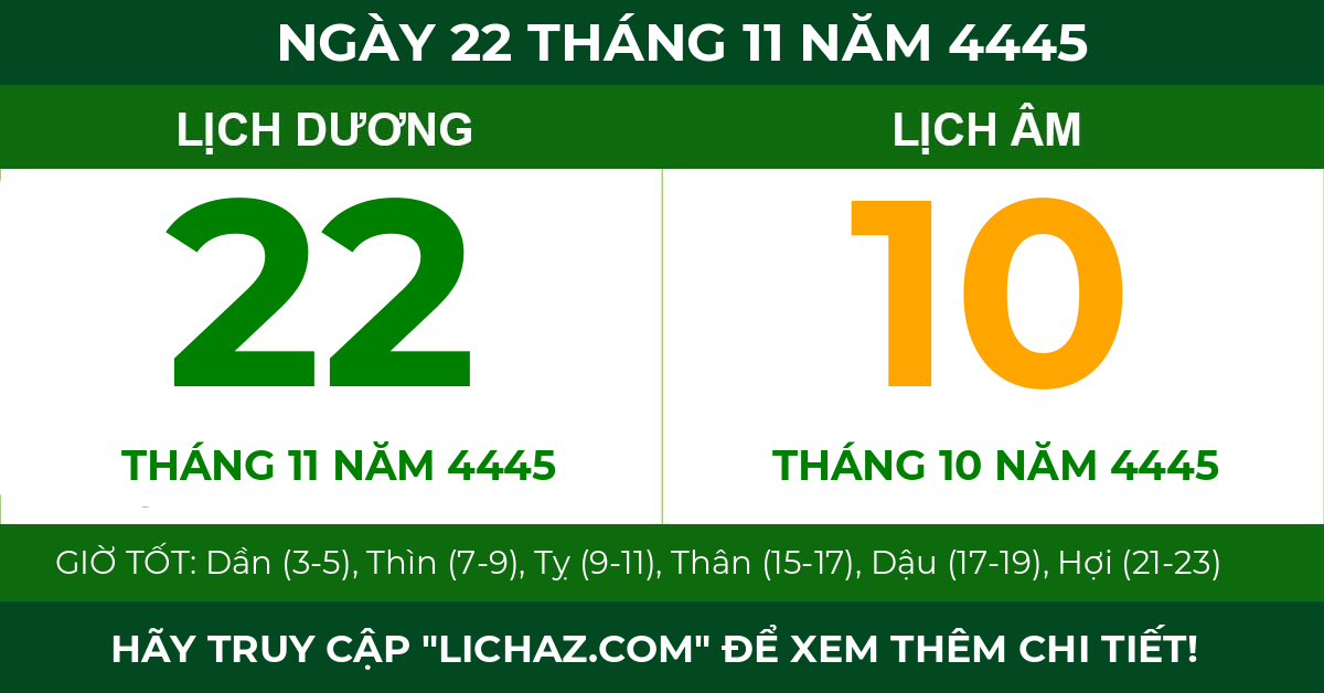 lịch âm ngày 22 tháng 11 năm 4445