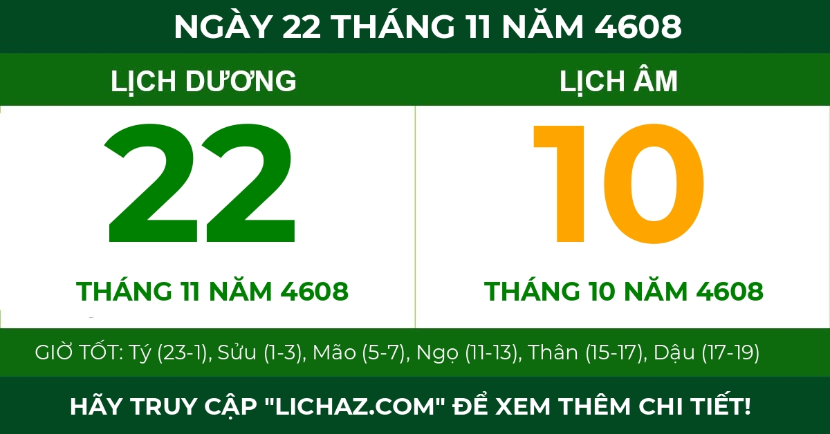 lịch âm ngày 22 tháng 11 năm 4608