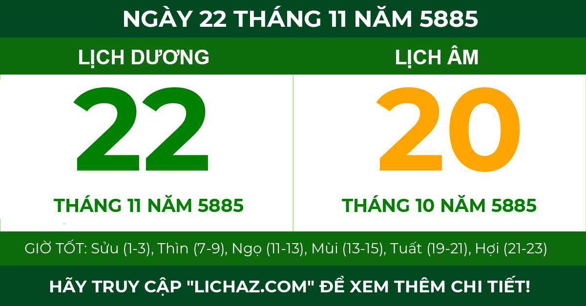 lịch âm ngày 22 tháng 11 năm 5885