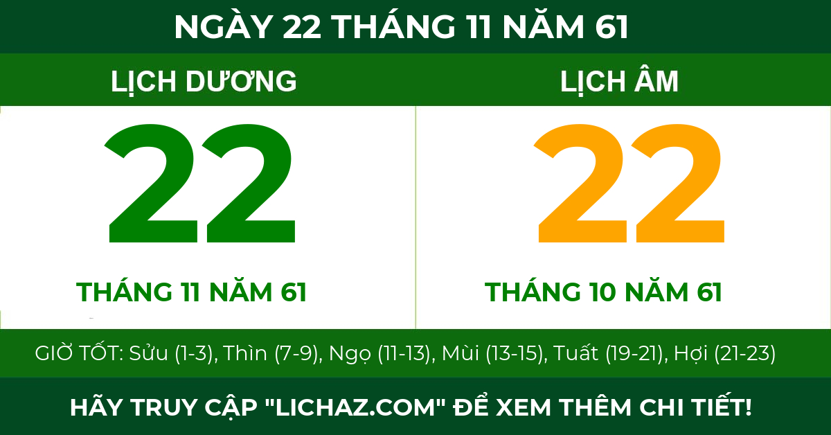 lịch âm ngày 22 tháng 11 năm 61