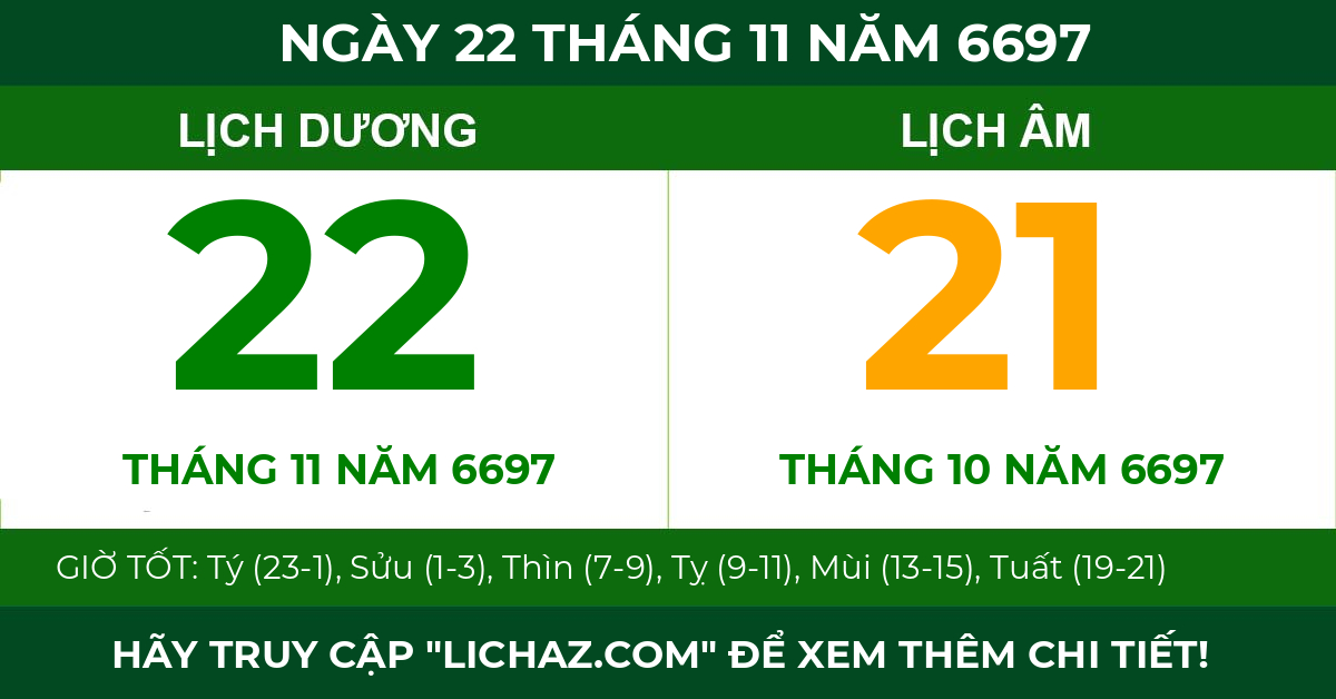 lịch âm ngày 22 tháng 11 năm 6697