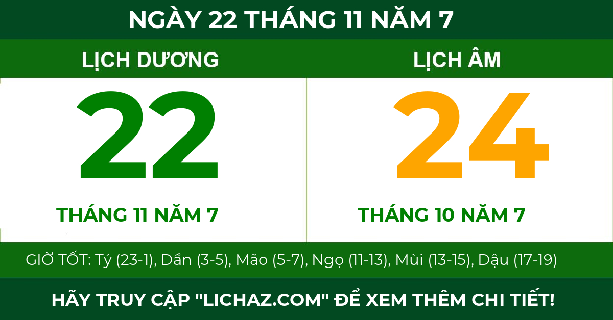 lịch âm ngày 22 tháng 11 năm 7