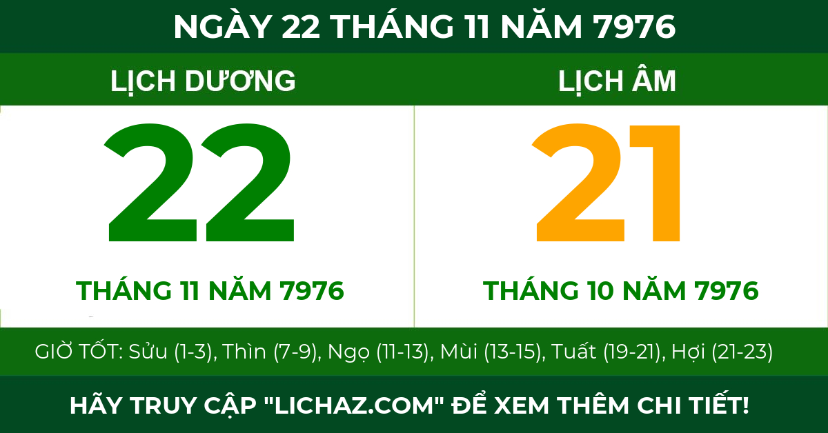 lịch âm ngày 22 tháng 11 năm 7976