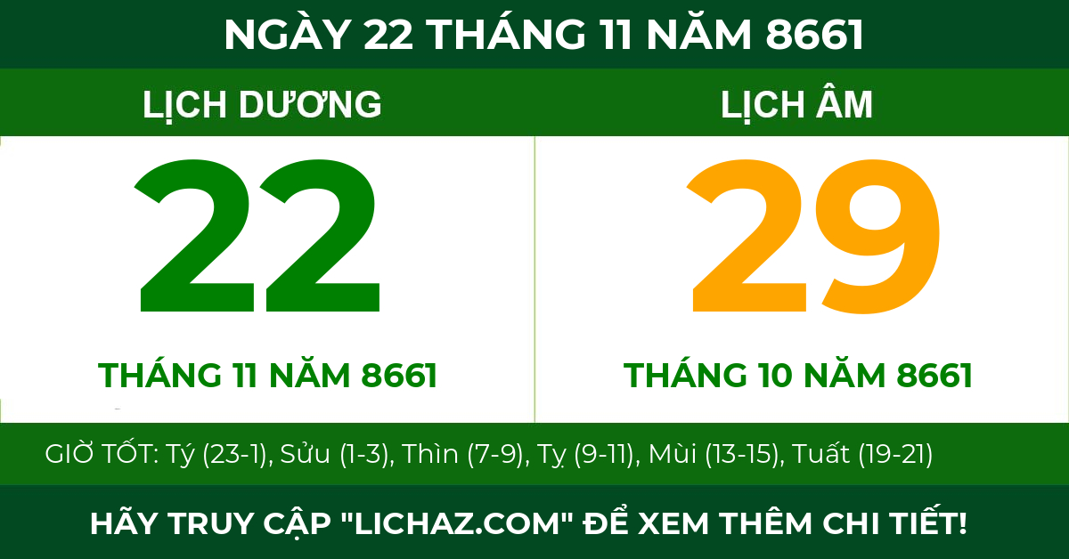 lịch âm ngày 22 tháng 11 năm 8661