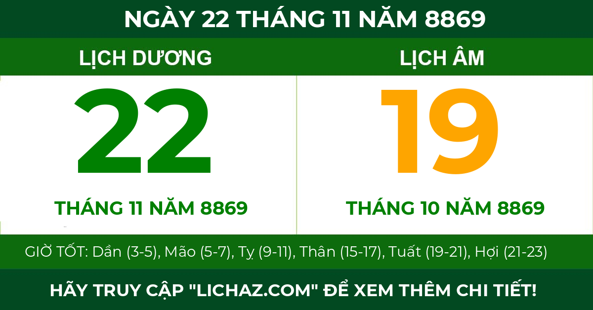 lịch âm ngày 22 tháng 11 năm 8869
