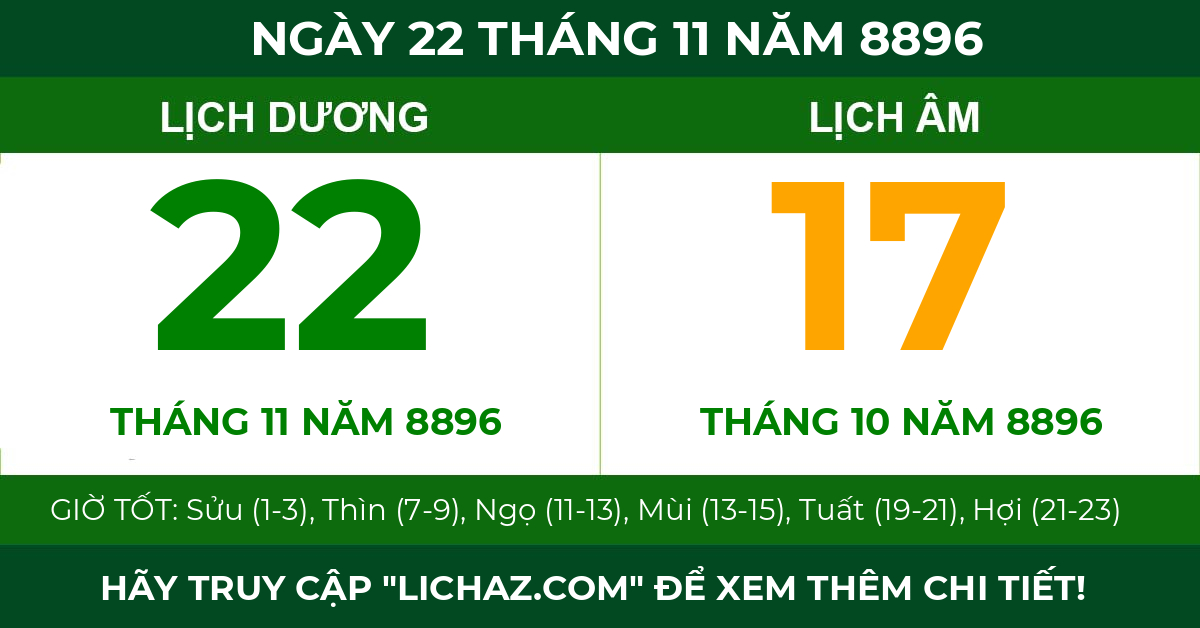 lịch âm ngày 22 tháng 11 năm 8896