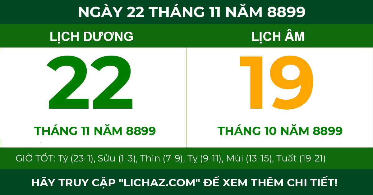 lịch âm ngày 22 tháng 11 năm 8899