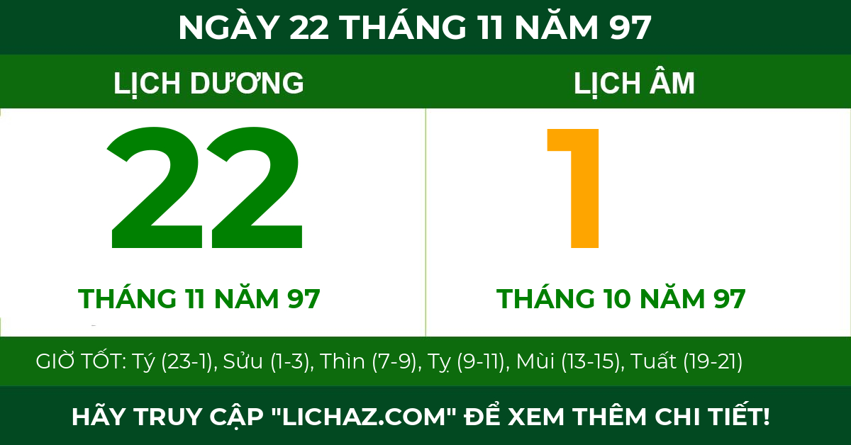 lịch âm ngày 22 tháng 11 năm 97