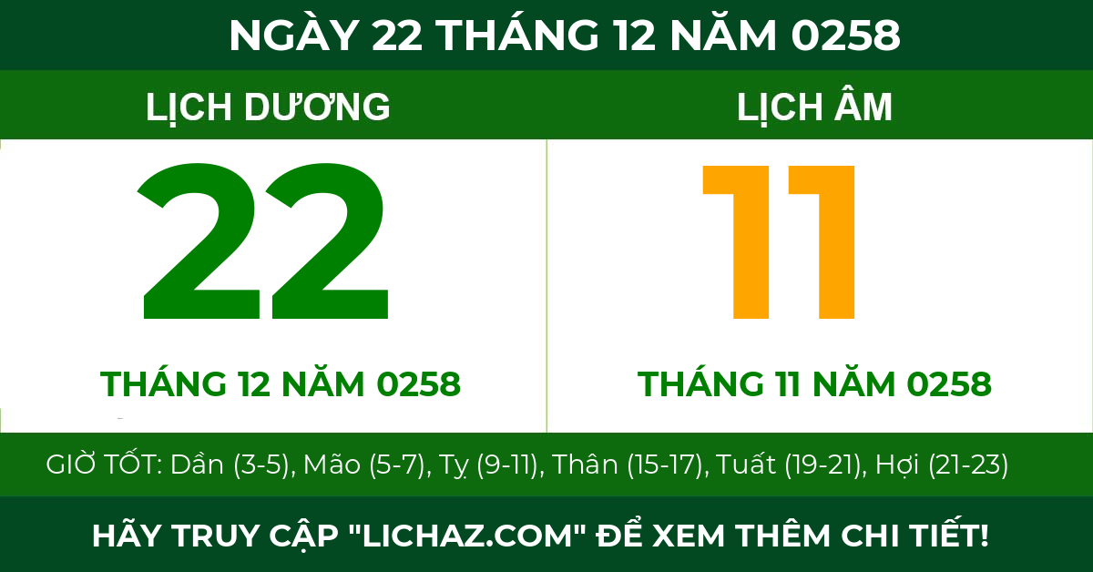 lịch âm ngày 22 tháng 12 năm 0258