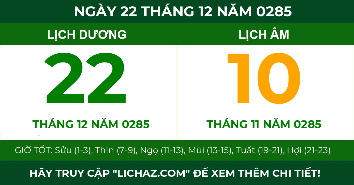 lịch âm ngày 22 tháng 12 năm 0285