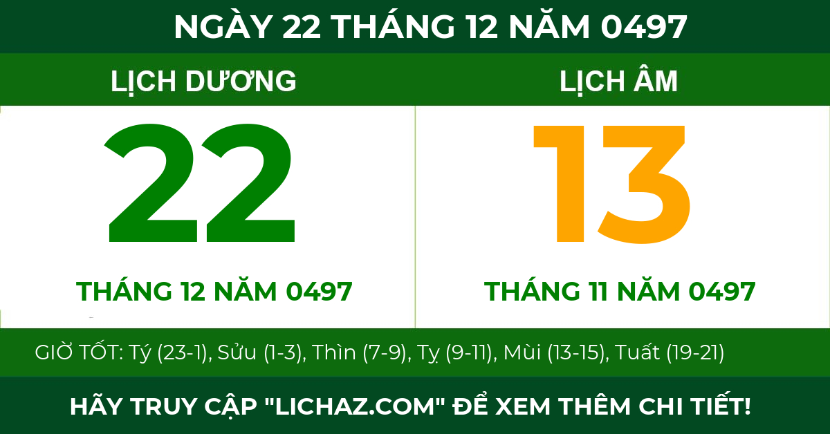 lịch âm ngày 22 tháng 12 năm 0497