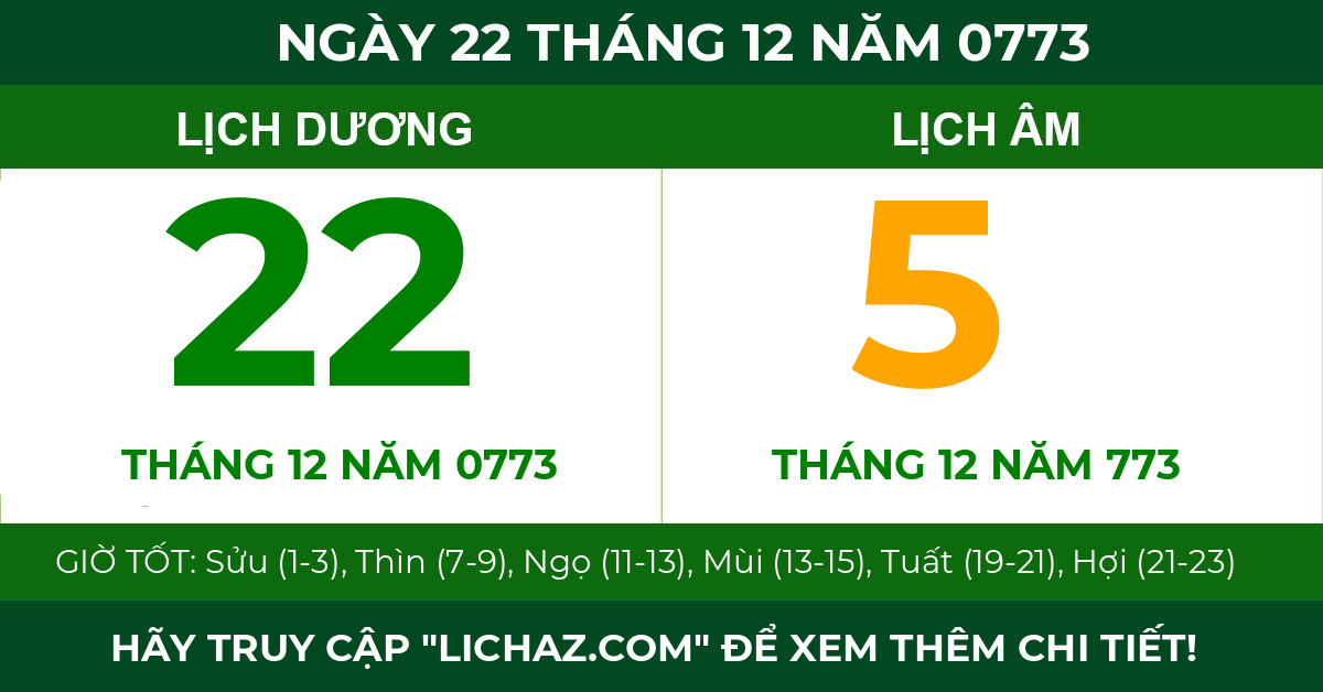 lịch âm ngày 22 tháng 12 năm 0773