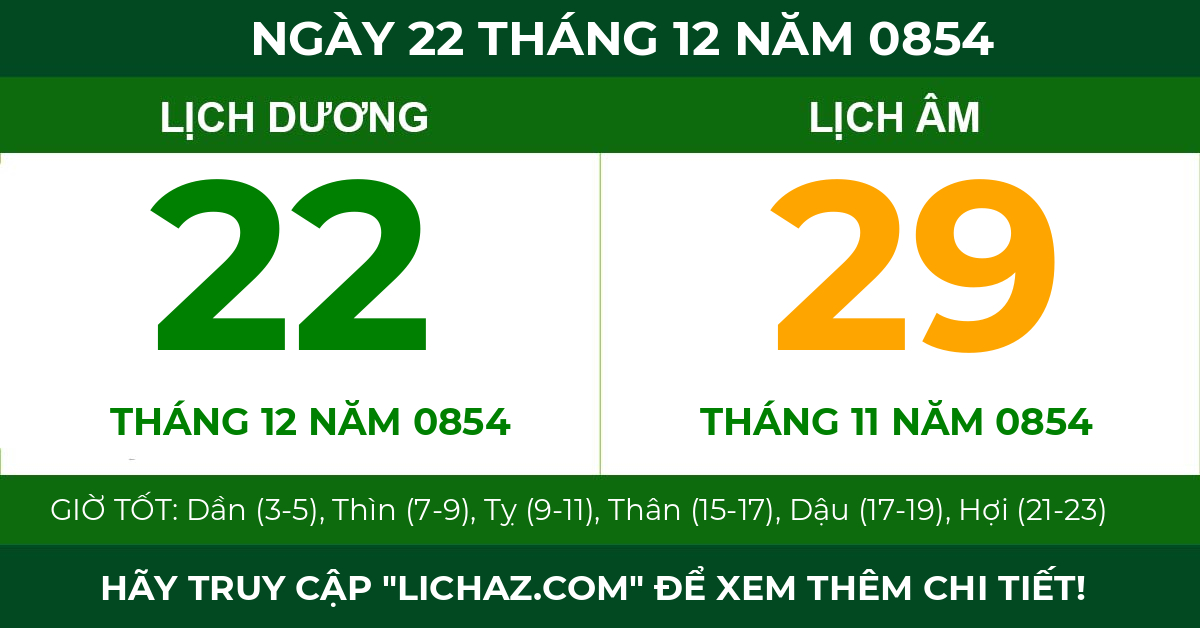 lịch âm ngày 22 tháng 12 năm 0854