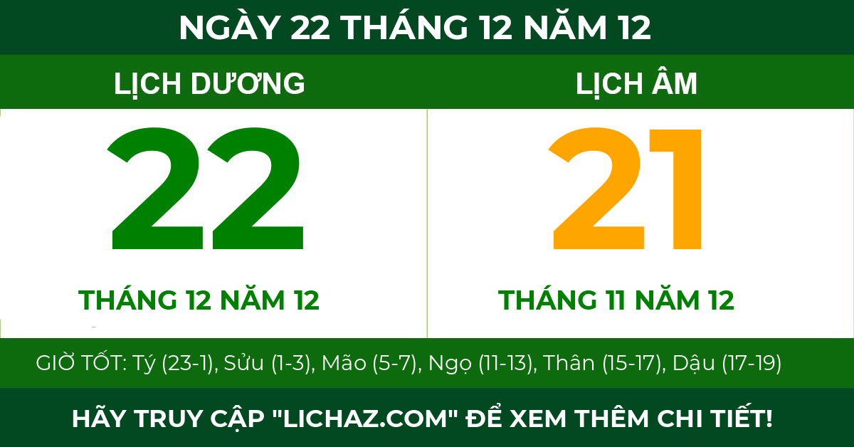 lịch âm ngày 22 tháng 12 năm 12