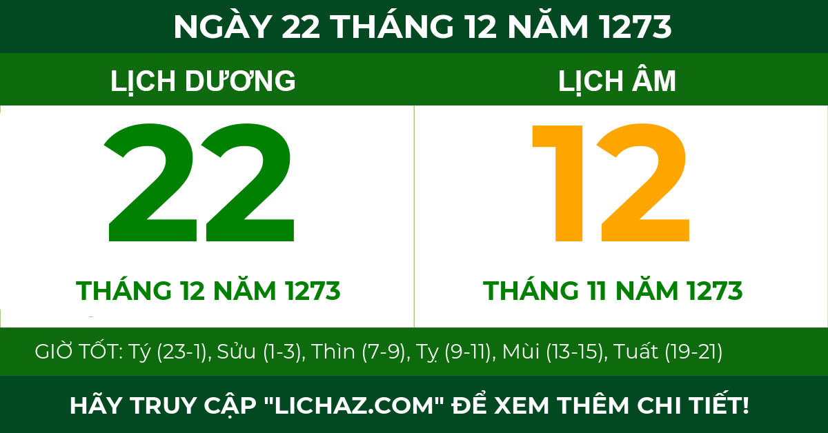 lịch âm ngày 22 tháng 12 năm 1273