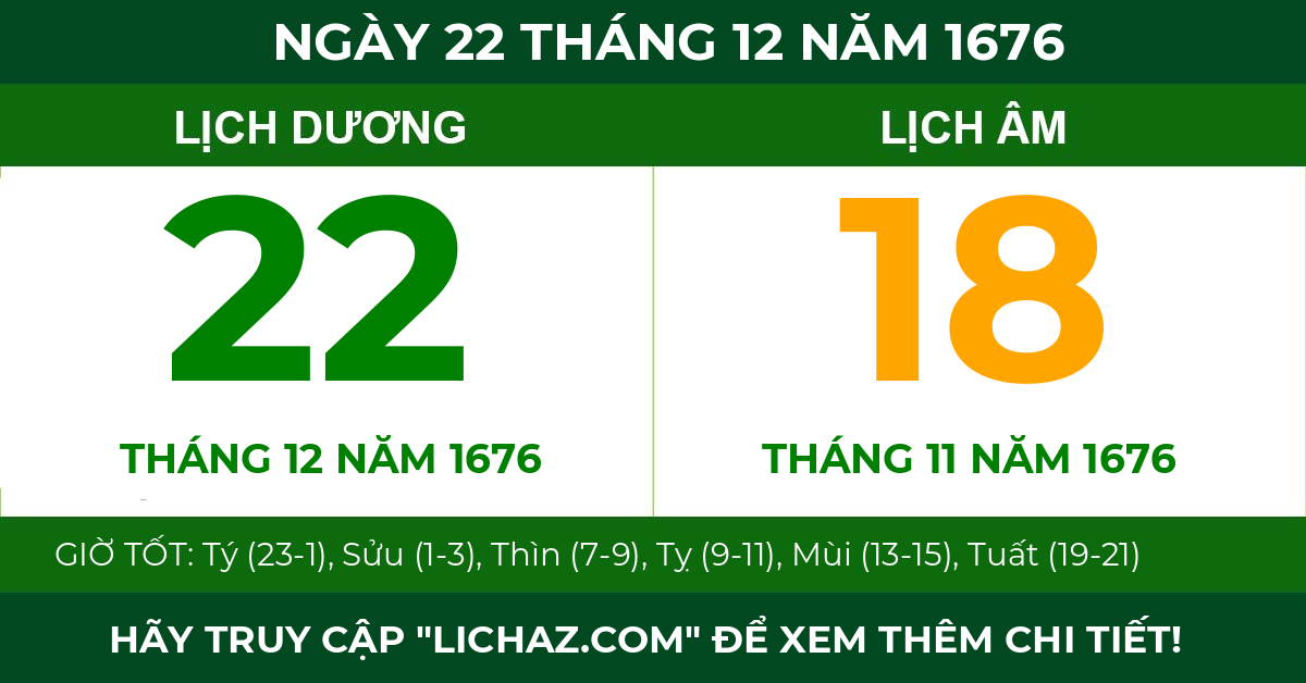lịch âm ngày 22 tháng 12 năm 1676