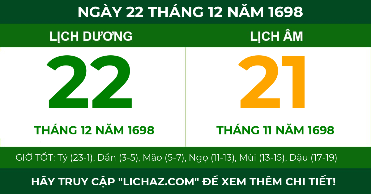 lịch âm ngày 22 tháng 12 năm 1698
