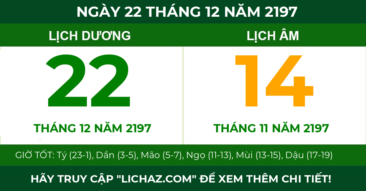 lịch âm ngày 22 tháng 12 năm 2197