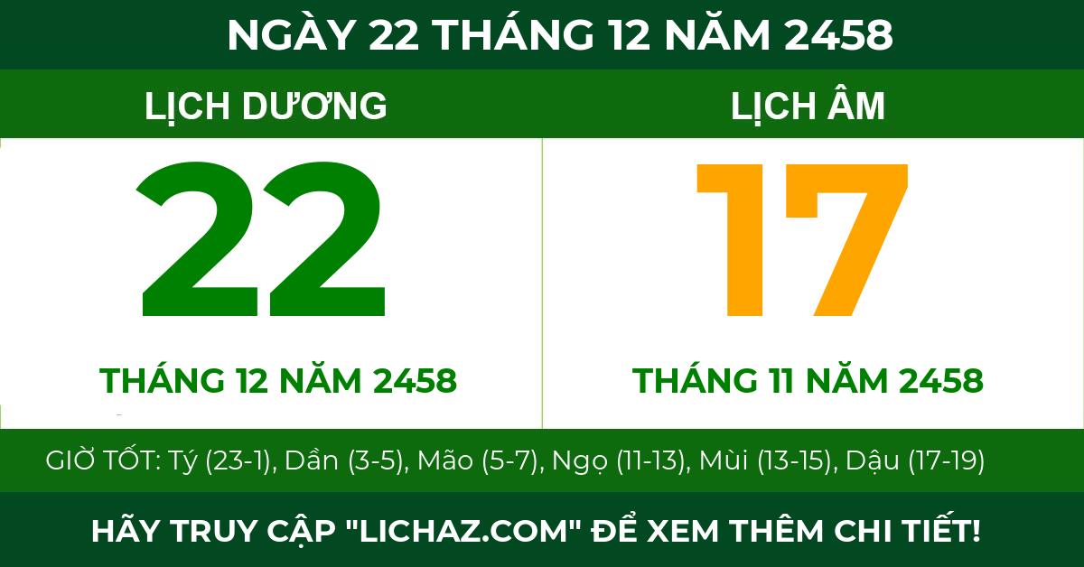 lịch âm ngày 22 tháng 12 năm 2458