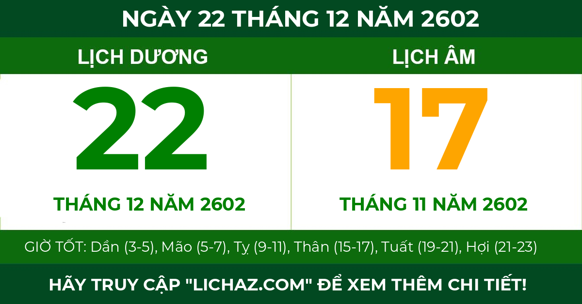 lịch âm ngày 22 tháng 12 năm 2602