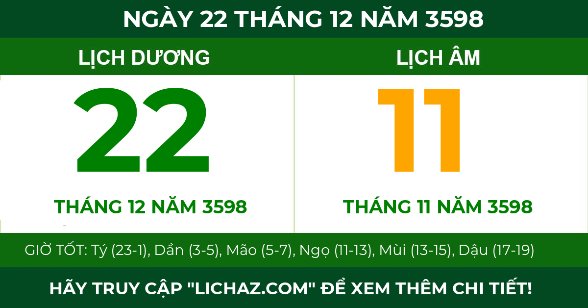 lịch âm ngày 22 tháng 12 năm 3598