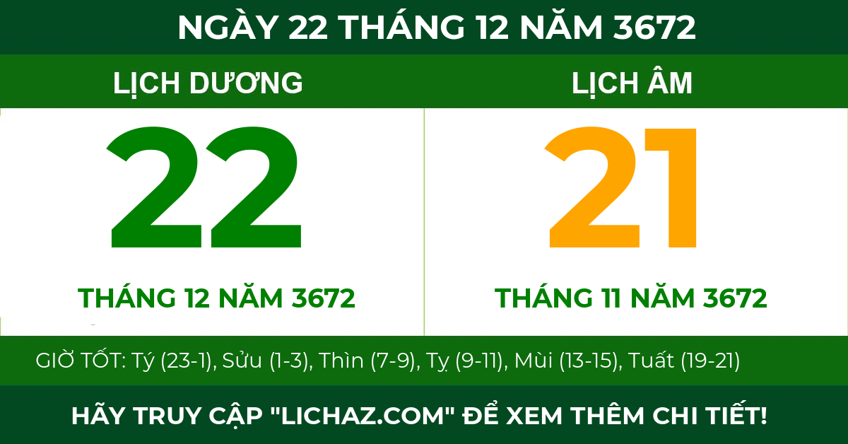 lịch âm ngày 22 tháng 12 năm 3672