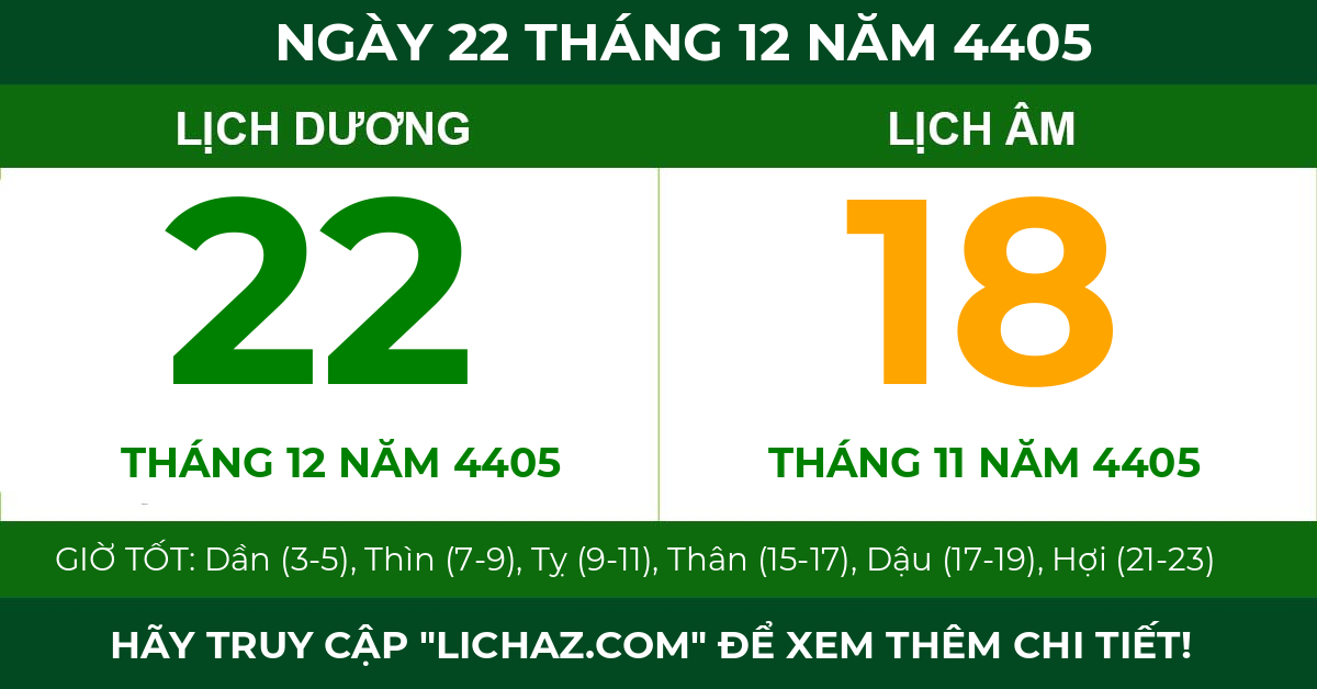 lịch âm ngày 22 tháng 12 năm 4405