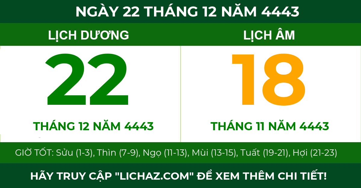 lịch âm ngày 22 tháng 12 năm 4443