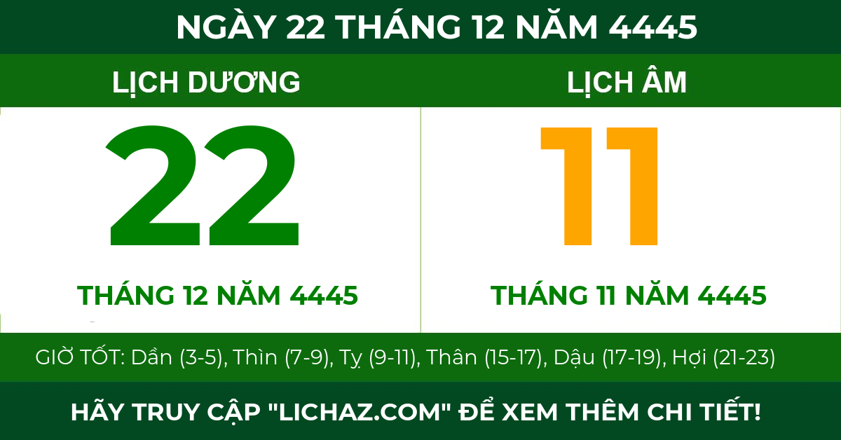 lịch âm ngày 22 tháng 12 năm 4445