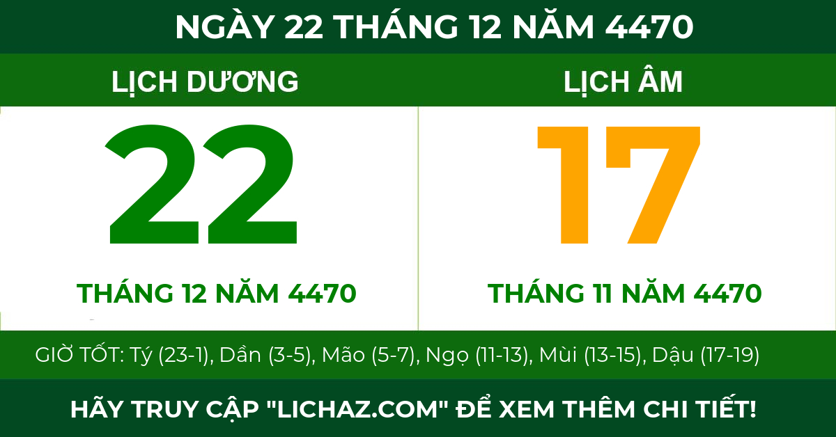 lịch âm ngày 22 tháng 12 năm 4470