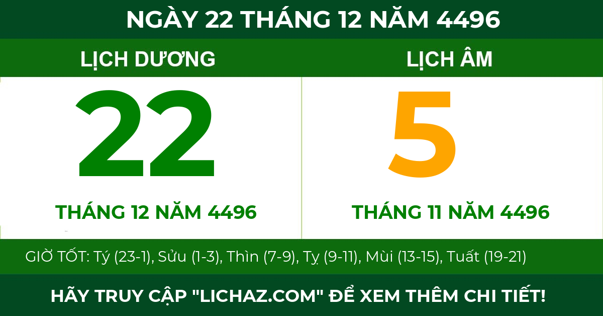 lịch âm ngày 22 tháng 12 năm 4496